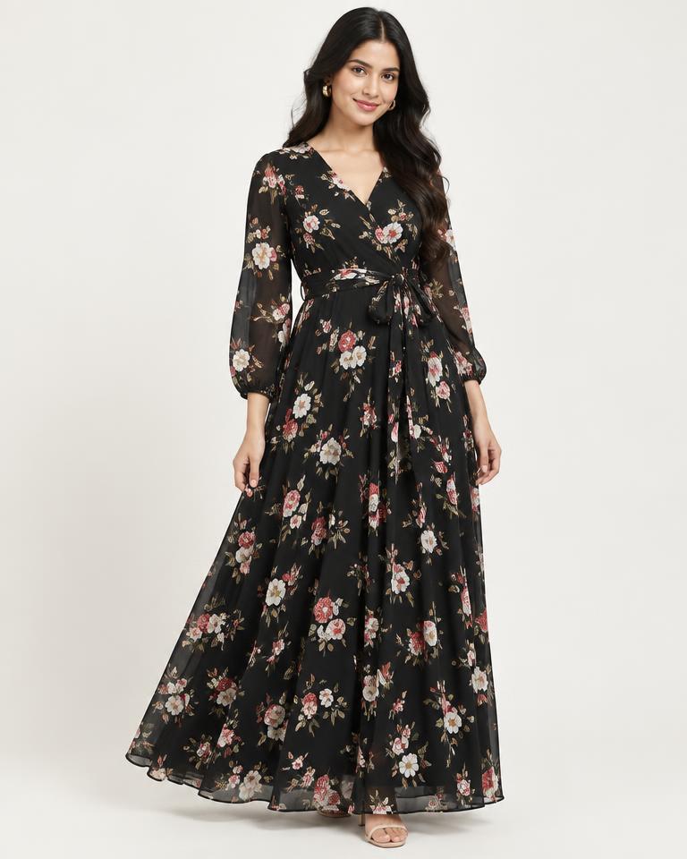 Black Floral Maxi Dress in Black