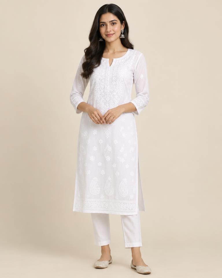 White Chikankari Cotton Kurti in White